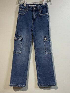 Zara Baggy Cargo Jeans Youth Girls Size 8 Blue Denim Casual Wide Leg Adjustable